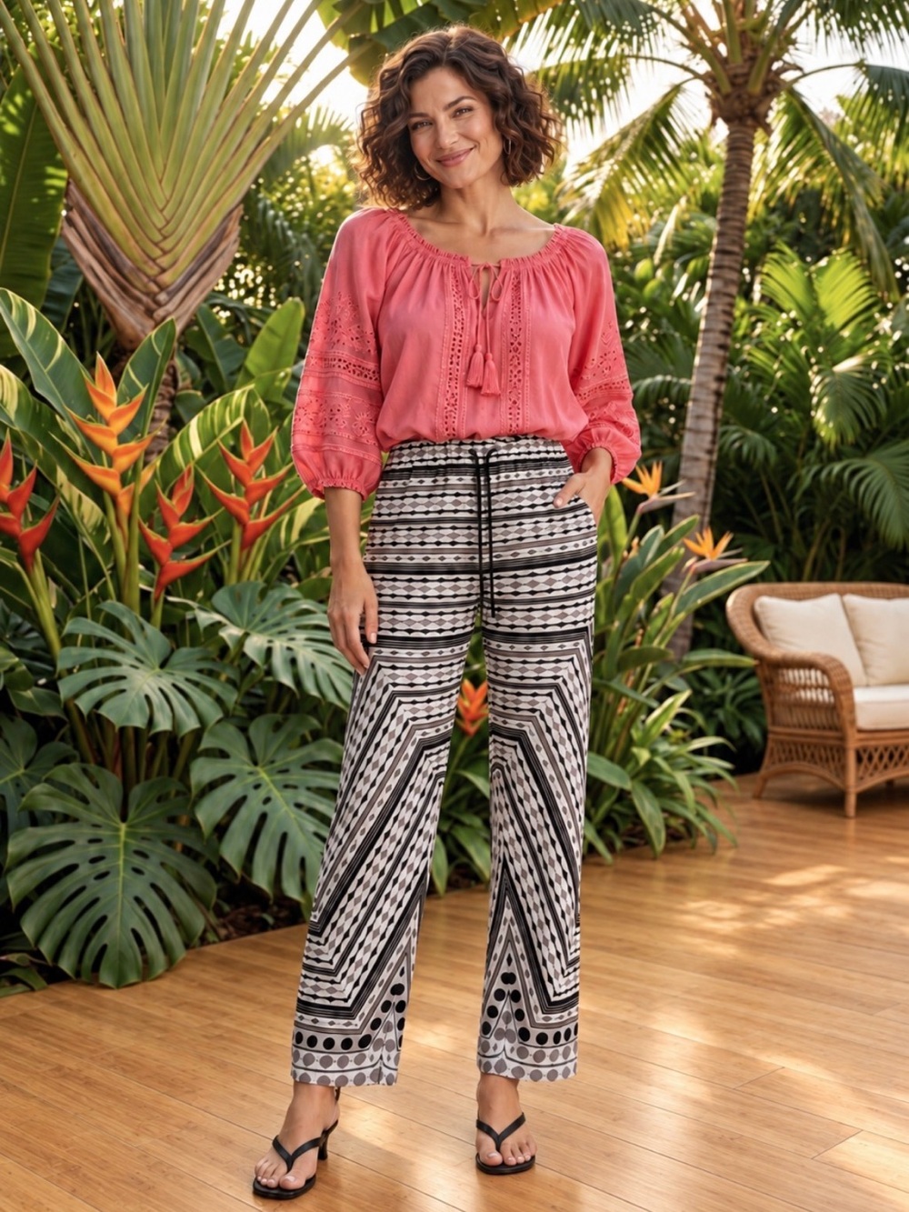 Hale Bob Black, White & Taupe Geometric Drawstring Pants, NWT, M (8-10)